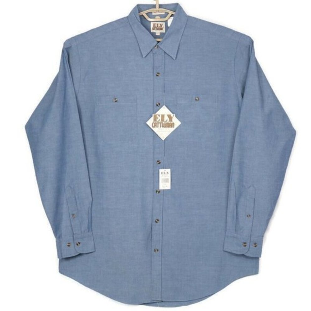 Ely Cattleman Western Shirt Blue Chambray Long Sleeve Tall‎ Man XLT